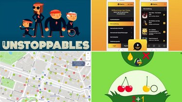Das Bild zeigt vier Screenshots der inklusiven Apps Unstoppables, Wheelmap, Greta und Matildr