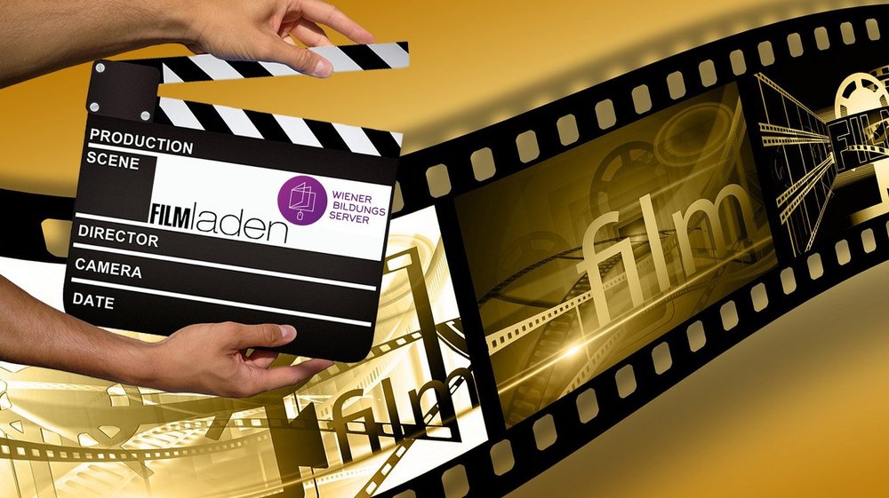 Eine Film-Klappe enthält die Logos vom Verleih Filmladen und dem Wiener Bildungsserver, dahinter ist eine Filmrolle auf goldenem Hintergrund zu sehen