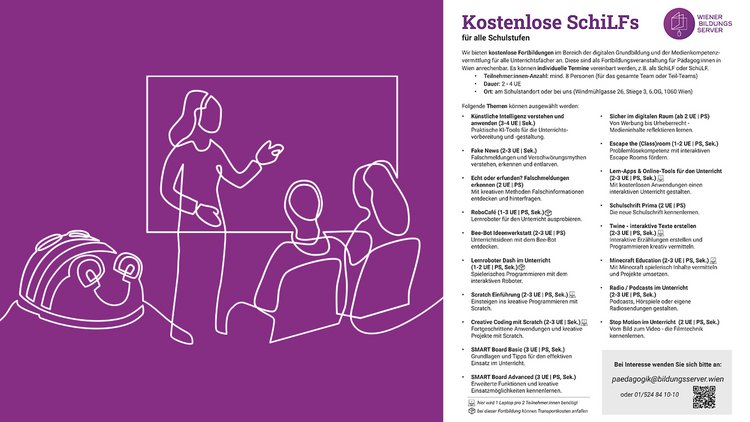 Links sind im Lineart-Format ein Bee-Bot und eine Person vor einer Tafel mit Schüler:innen zu sehen, rechts Text über das Angebot des Wiener Bildungsservers