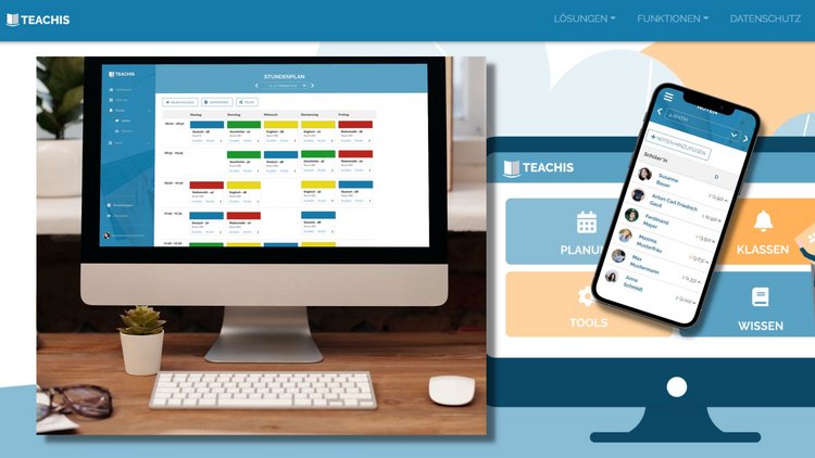 Vor dem Hintergrund der Webseite Teachis sind ein Bild mit Monitor und ein Smartphone abgebildet. Beides zeigt die Anwendung Teachis