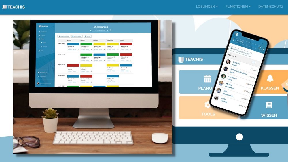 Vor dem Hintergrund der Webseite Teachis sind ein Bild mit Monitor und ein Smartphone abgebildet. Beides zeigt die Anwendung Teachis