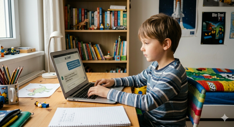 Ein Kind sitzt in einem Kinderzimmer an einem Laptop. Darauf ist ein "AI Chatbot" zu sehen.