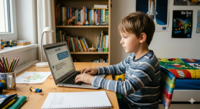 Ein Kind sitzt in einem Kinderzimmer an einem Laptop. Darauf ist ein "AI Chatbot" zu sehen.