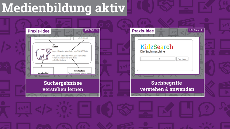 Im Bild links oben steht "Medienbildung aktiv", darunter sind zwei Kacheln zu sehen. In der einen ist ein Arbeitsblatt mit der Zeichnung eines Eisbären abgebildet, in der anderen das Bild einer fiktiven Kindersuchmaschine im Internet.