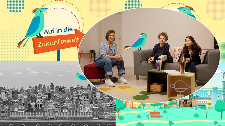Leicht rechts sind drei Personen zu sehen, eine erwachsene Frau und zwei Kinder, ein Bursch und ein Mädchen - im Bild links steht "Rolle vorwärts - Reise in eine Welt, in der ich alles werden kann" 
