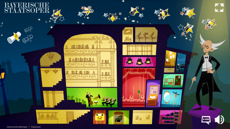 Ein Screenshot des Spiels Maestro Margarini: In der Mitte des Bildes befindet sich der Querschnitt eines im Comicstil gezeichneten Opernhauses mit verschiedenen bunten und gelb gefärbten Räumen. Rechts daneben steht ein Dirigent im Frack mit weißem Haar und Brille. 