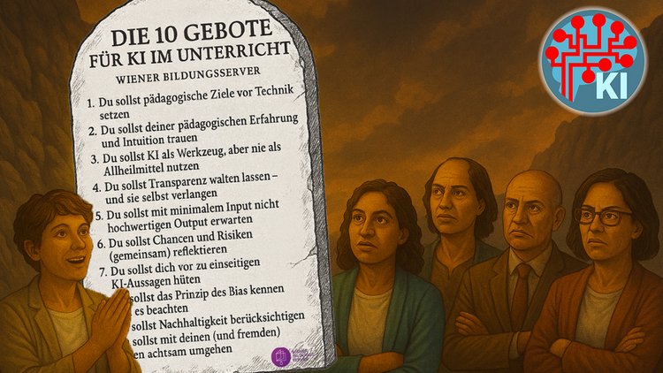Rund um eine Steintafel mit der Aufschrift "Die Zehn Gebote der KI im Unterricht" sind einige Menschen zu sehen