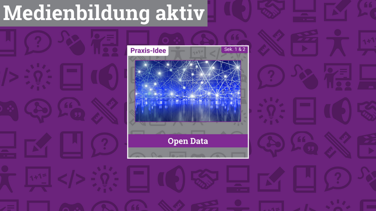 Im Bild links oben steht "Medienbildung aktiv", darunter ist eine Kachel in Grau gehalten zu sehen. In dieser ist ein digitales Netz mit weißen Punkten auf blauem Hintergrund zu sehen.Netz 