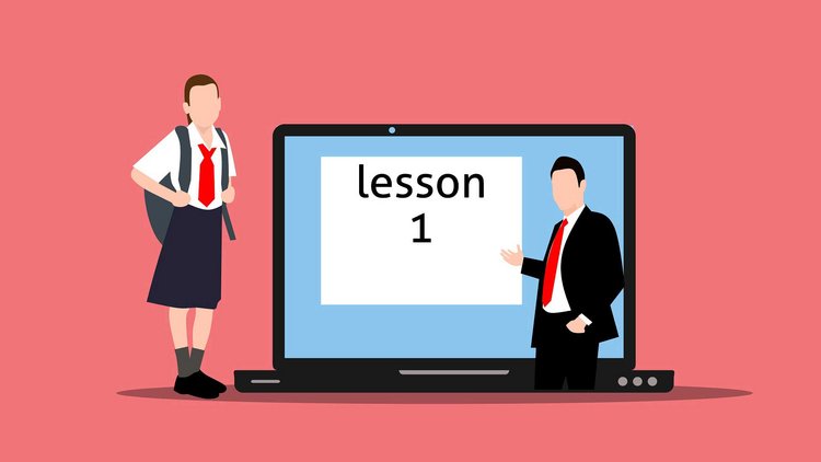 Grafik eines Schülers oder einer Schülerin, der/die neben einem aufgeklappten, großen Laptop steht. Am Laptop-Display ist eine Person zu sehen die auf eine Tafel mit der Schrift "lesson 1" zeigt. 