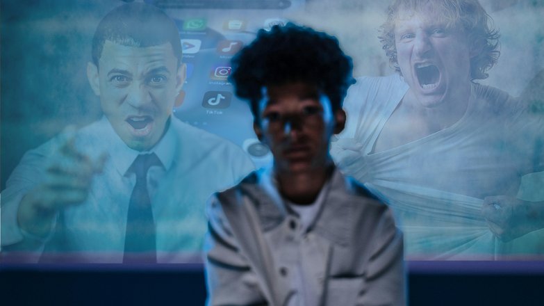 Ein Jugendlicher, vor dem ein Smartphone schwebt, hinter ihm zwei virtuelle, toxische Männer