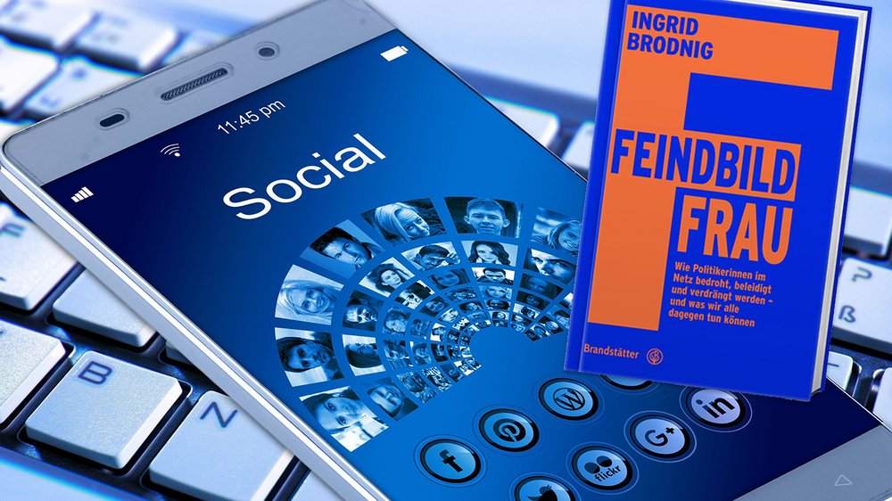 Im Hintergrund ist ein Smartphone mit aktiviertem Screen zu sehen, rechts darüber das Cover des Buches "Feindbild Frau"