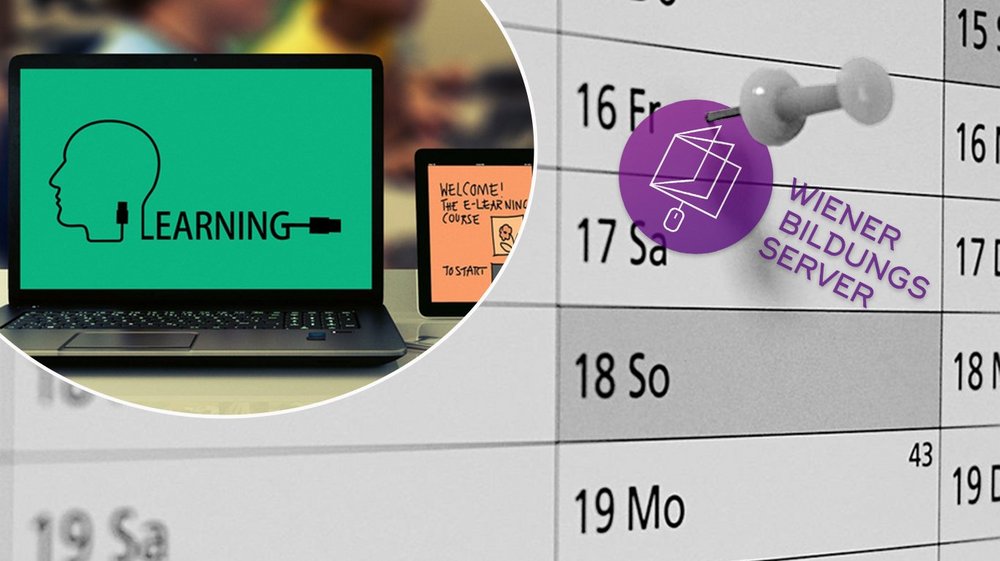 Ein Kalender mit dem Logo des Wiener Bildungsservers, links oben ein Laptop und ein Tablet