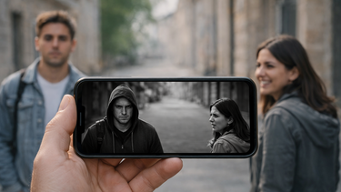 Ein Mann und eine Frau stehen in einer Straße mit neutralem bis lächelnden Gesichtsausdruck. Im Vordergrund hält eine Hand ein Smartphone. Am Display haben der Mann und die Frau wütende Gesichtsausdrücke, das Bild ist in schwarz-weiß und der Mann trägt eine etwas bedrohlich wirkende Kapuze.