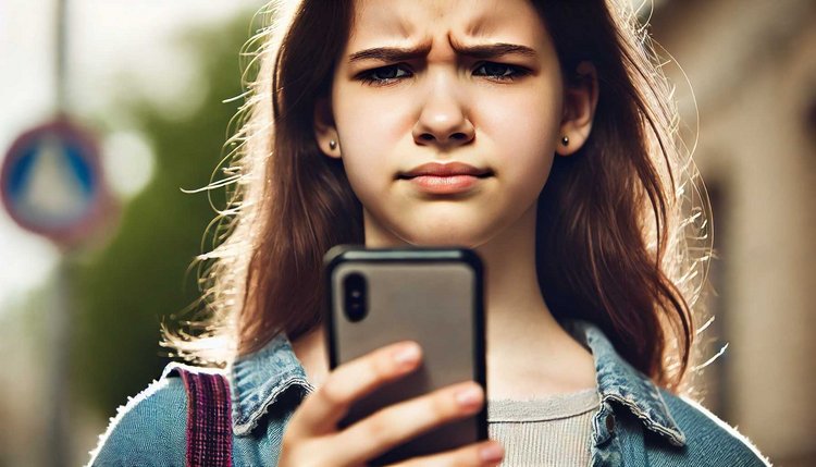 KI-generiertes Bild eines jugendlichen Mädchens, das ein Smartphone in der Hand hält und mit irritert bis angeekelten Gesichtsausdruck auf den Display schaut.