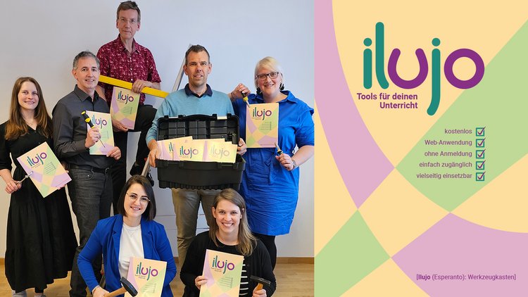 Im Bild rechts ist das Cover der Broschüre "ilujo - Tools für den Unterricht" zu sehen, links davon das Autor:innen-Team