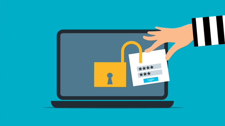 Grafik eines Laptops. Am Bildschirm ist ein offenes Schloss abgebildet, an dem ein Login-Kästchen hängt. Eine Hand greift nach dem Login-Kästchen.