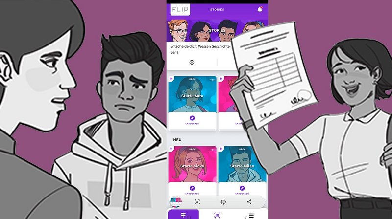 Screenshot der App Future Choices mit Figuren aus der Lern App