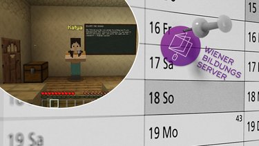 Ein Kalender mit dem Logo des Wiener Bildungsservers, links oben ein Bild aus Minecraft