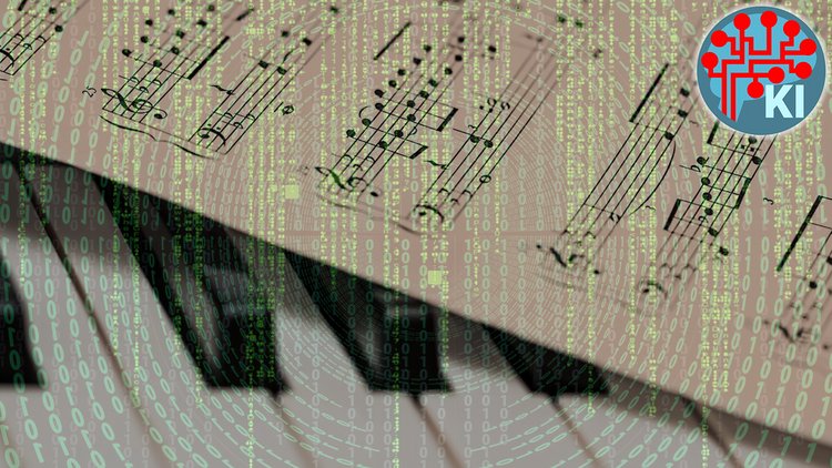 Auf dem Bild ist ein Notenblatt auf einer Klaviertastatur zu sehen, das von einer Zahlenmatrix überlagert wird. Rechts oben das KI-Schwerpunkt-Logo