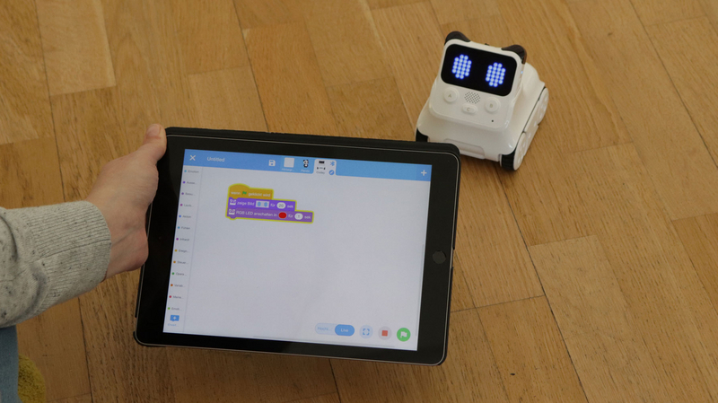 Eine Hand hält ein Tablet, darauf ist eine grafische Programmieroberfläche zu sehen. Im Hintergrund am Boden ist der kleine, weiße Codey Rocky-Roboter zu sehen.