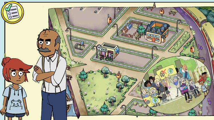 Im Bild ist ein Stadtplan im Comic-Stil zu sehen, links sind zwei Figuren aus dem Onlinespiel "Ezra" platziert