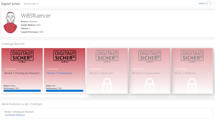 Screenshot der Spieloberfläche von Digital Sicher. Im oberen Teil ist ein fiktives Social Media-Profil zu sehen, im unteren Teil 5 Module.