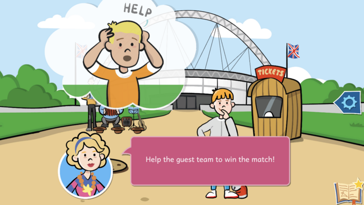 Screenshot aus dem Lernspiel Wizadora: Grafik eines Kindes, das vor einem Fußballstadion steht. In einem runden Bildausschnitt ist eine Frau zu sehen mit der Sprechblase "Help the guest team to win the match!"
