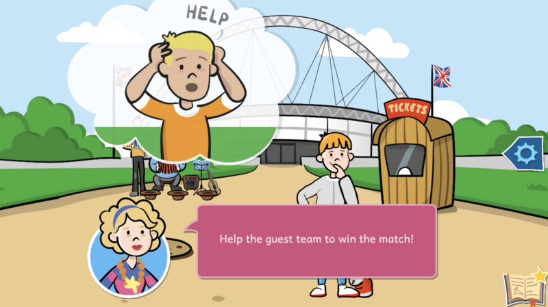 Screenshot aus dem Lernspiel Wizadora: Grafik eines Kindes, das vor einem Fußballstadion steht. In einem runden Bildausschnitt ist eine Frau zu sehen mit der Sprechblase "Help the guest team to win the match!"