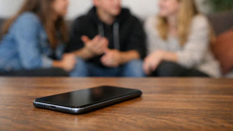 Ein Smartphone liegt auf einem Holztisch. Im Hintergrund sind unscharf drei Jugendliche zu erkennen, die sitzend miteinander sprechen.