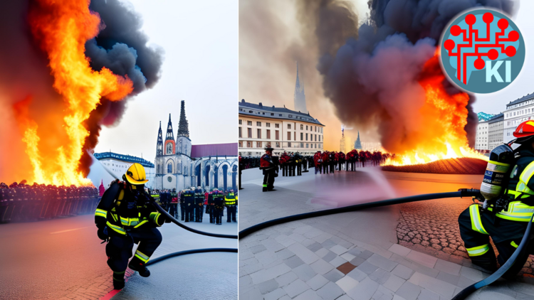 Collage zweier Bildausschnitte eines Bildes: Zu sehen ist ein Feuerwehrmann mit Feuerwehrschlauch am Stephansplatz. Vor dem Stephansdom sind große Flammen und eine Menschenmenge zu erkennen. 