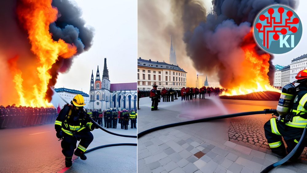 Collage zweier Bildausschnitte eines Bildes: Zu sehen ist ein Feuerwehrmann mit Feuerwehrschlauch am Stephansplatz. Vor dem Stephansdom sind große Flammen und eine Menschenmenge zu erkennen. 