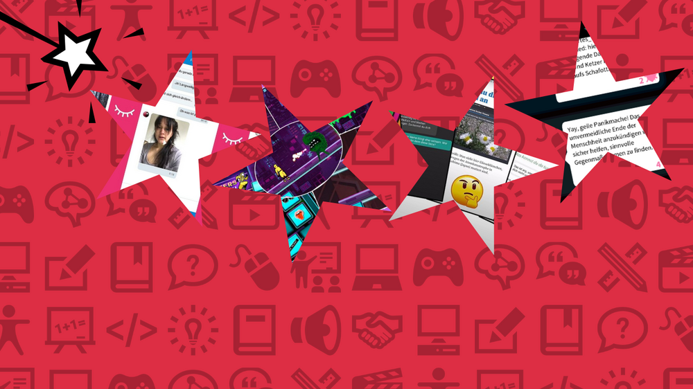 Auf rotem Hintergrund sind mehrere Sterne mit Screenshot-Ausschnitten aus Lern-Apps zu sehen