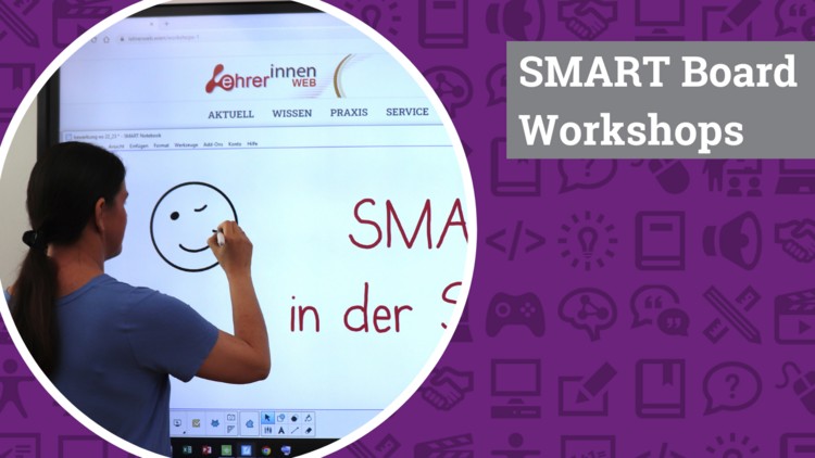 Violetter Hintergrund, auf welchem verschiedene Medien- und Bildungs-Icons zu erkennen sind. In der Mitte des Bildes ein runder Bildausschnitt mit weißem Rahmen, darin ist eine Person zu sehen, die ein Smiley auf einem SMART Board zeichnet. Rechts im Bild der weiße Schriftzug "SMART Board Workshops" auf grauem Untergrund.
